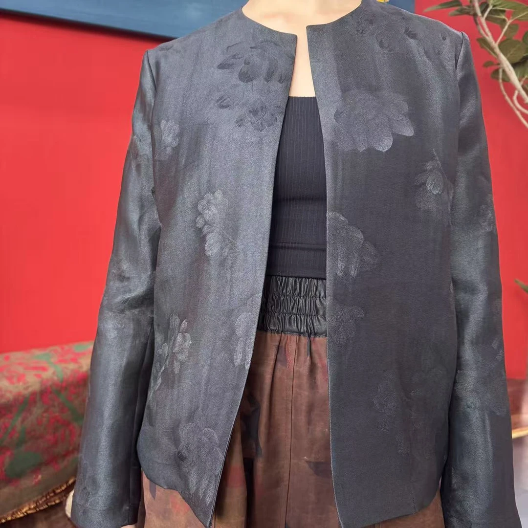 艾可原创  短外套 繁花 桑波缎提花香云纱 长60起