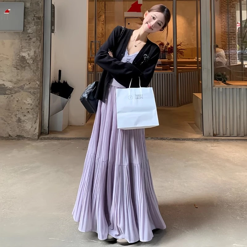 紫色雪纺半身裙女春夏季高腰显瘦伞裙小个子中长款百搭压褶a字裙