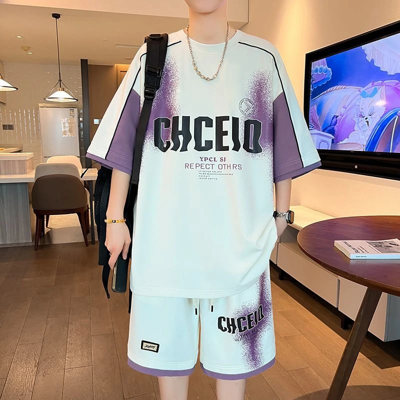 港风休闲短袖套装男夏季冰丝潮流ins宽松大码百搭T恤短裤一套搭配