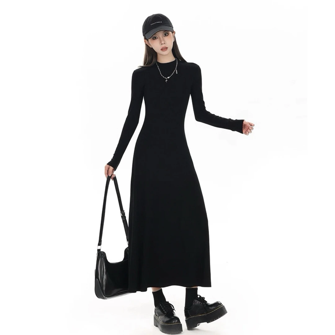 秋冬新款收腰显瘦连衣裙长袖黑色内搭打底气质时尚休闲百搭长裙女
