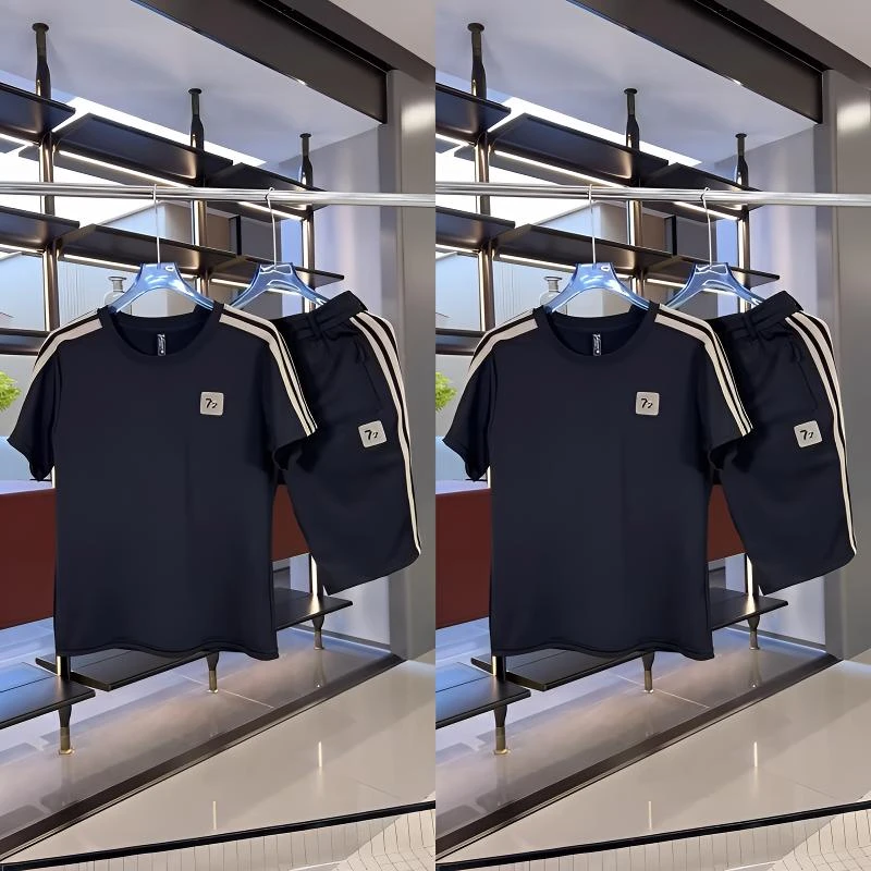 夏季男士冰丝运动新款休闲套装运动套装短袖短裤百搭两件套潮流男