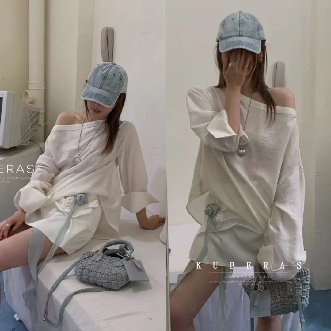 【红人馆】亚麻斜肩衬衫T恤