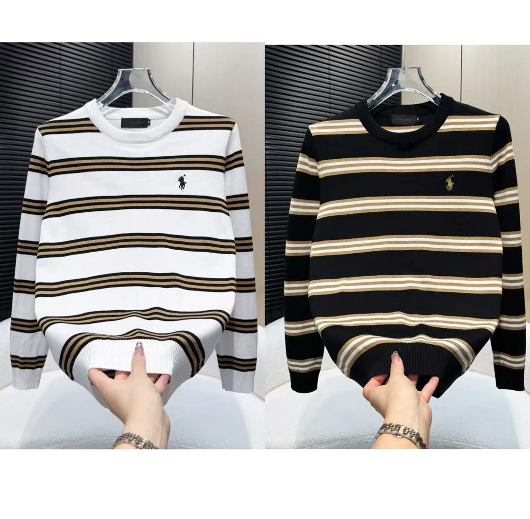 2025新款男士长袖T恤撞色拼接条纹圆领上衣时尚青年打底衫6502