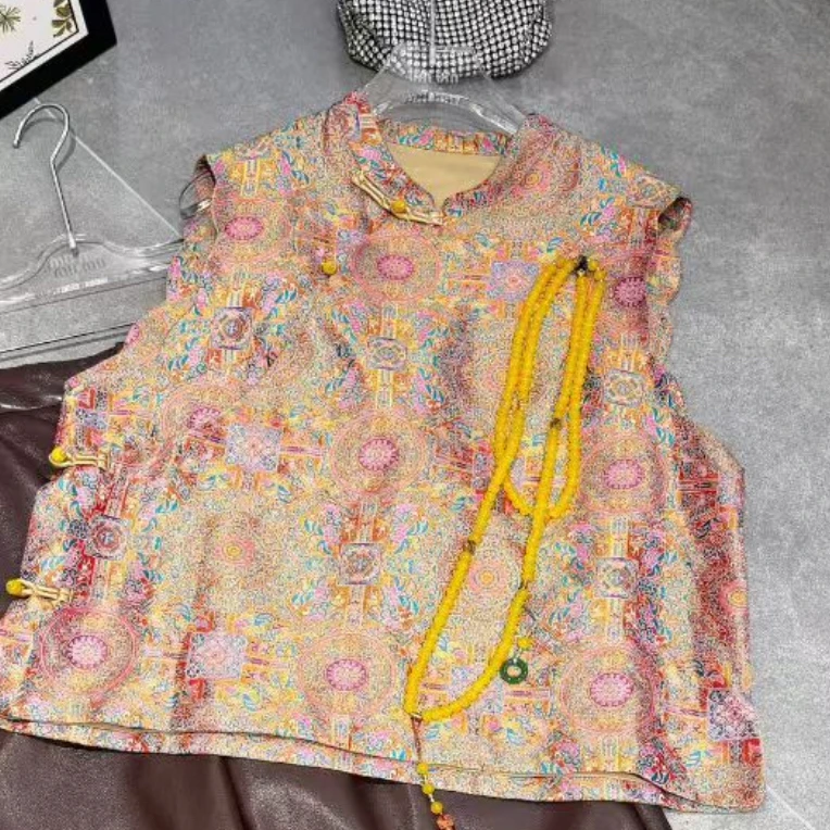 四季通用立领常规款短款提花马夹民族风夏季中式印花