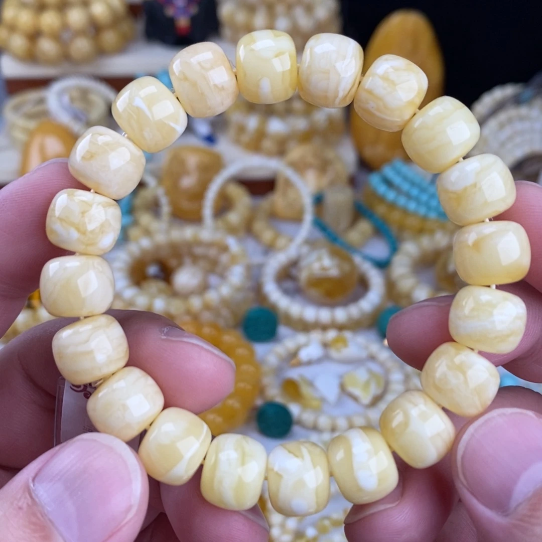 蜜蜡未镶嵌手链瓷白细纹白蜡虎皮纹12mm