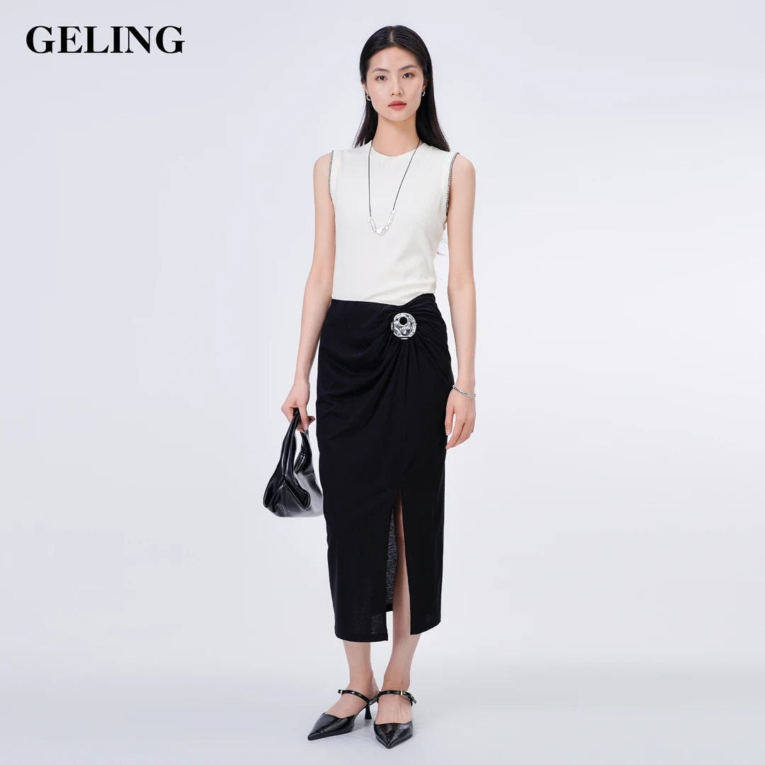 GELING/歌&玲夏季新品显瘦时尚气质性感金属扣抽皱半裙G501W171B