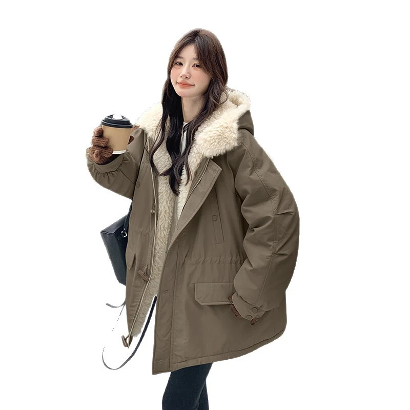 米白色服女2025秋冬新款韩系学院风连帽保暖加绒防羊羔毛棉衣