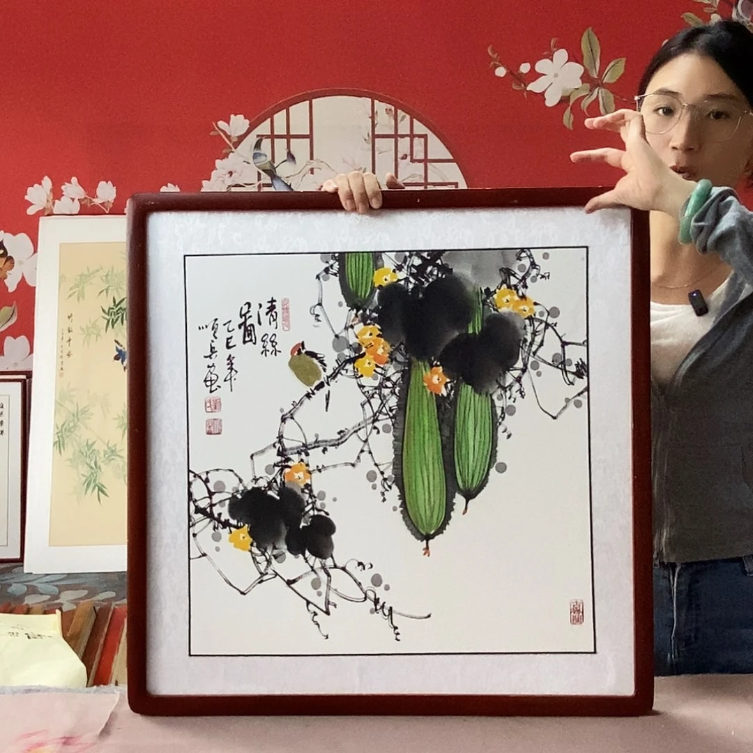 国画手写手绘国画作品带框包邮62✖️62