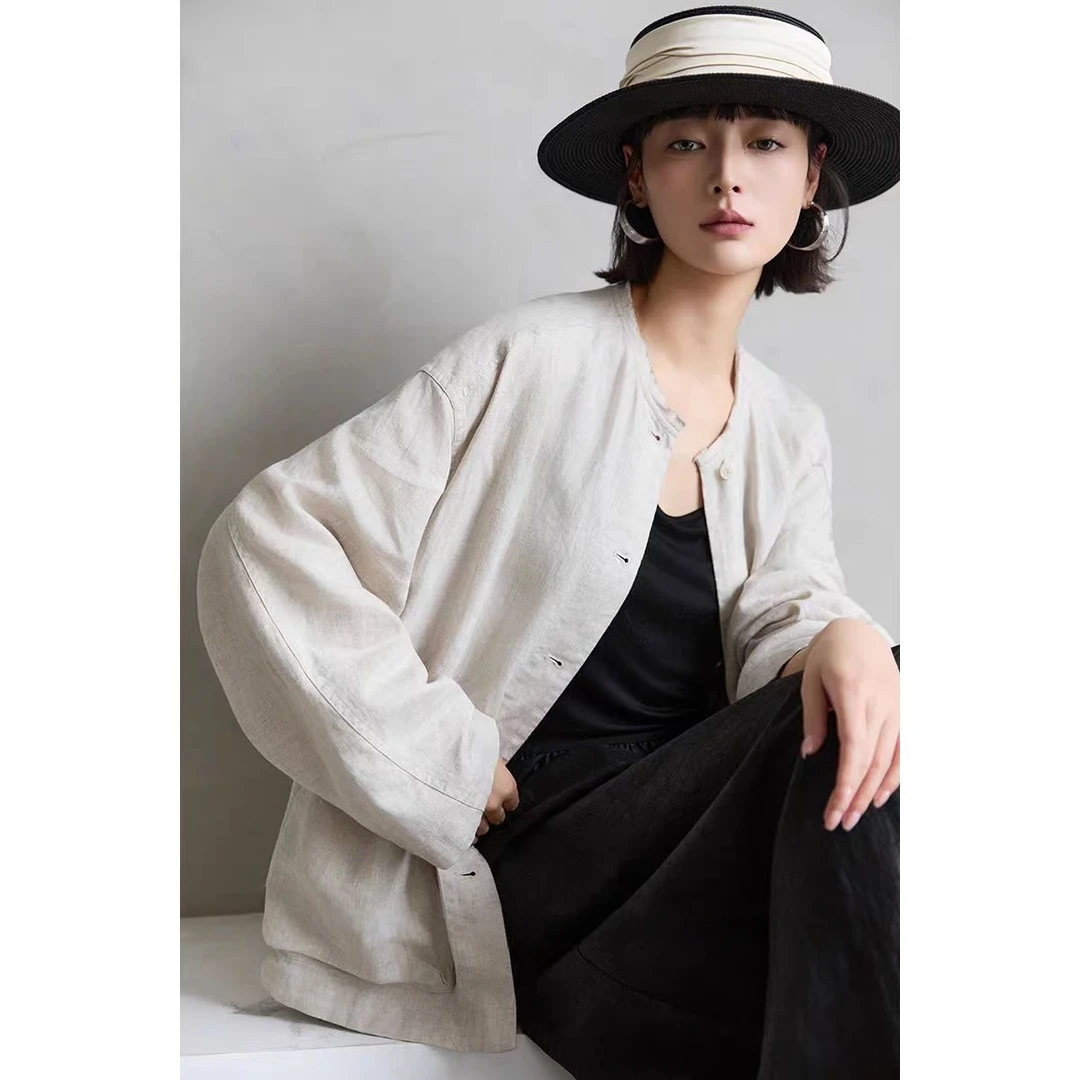 2025春秋新款百百亚麻工装圆领简约休闲外套女秋季百搭上衣薄款