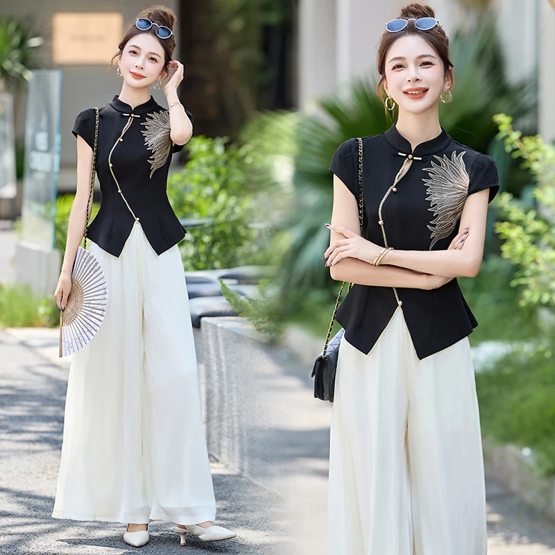 时尚休闲套装女2025年夏季新款新中式国风小香风阔腿裤两件套