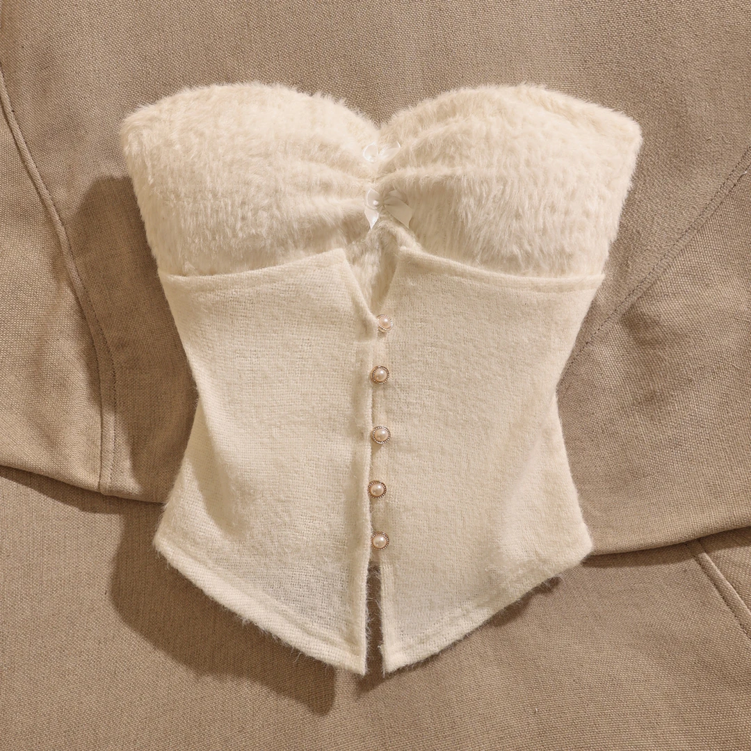 纯色性感抹胸背心女外穿修身短款设计感辣妹风百搭甜美毛绒上衣