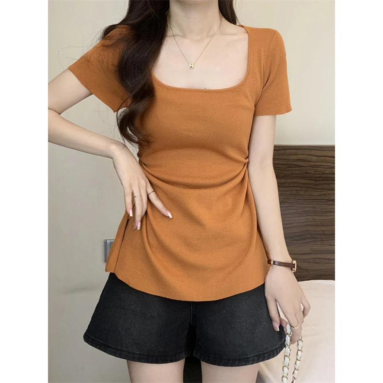 方领侧边镂空抽绳收腰短袖针织衫夏季新款不规则纯色修身显瘦上衣