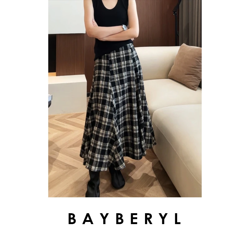 BAYBERYL老贝流浪格裙*大摆松紧腰百搭复古半身裙YQ5H2105-8/31