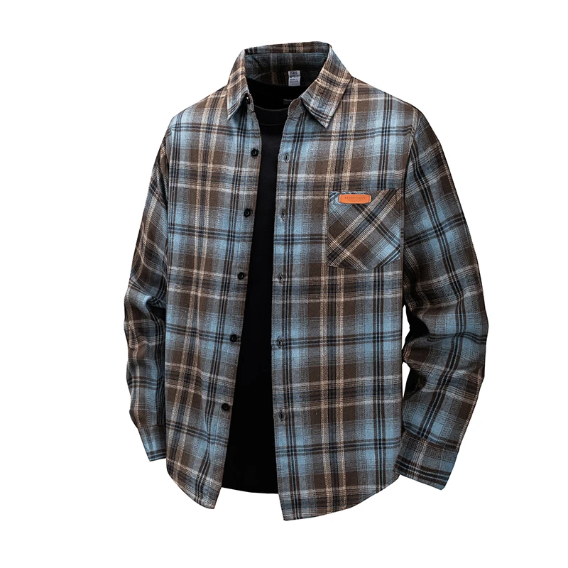 大码男长袖撞色拼接格子衬衫秋季男装港风复古风百搭日系衬衫9916