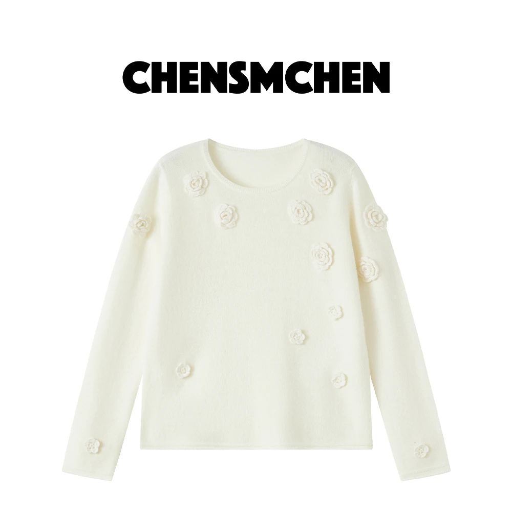 CHENSMCHEN 100绵羊毛提花百搭针织衫女春季设计感上衣C24Z149MN
