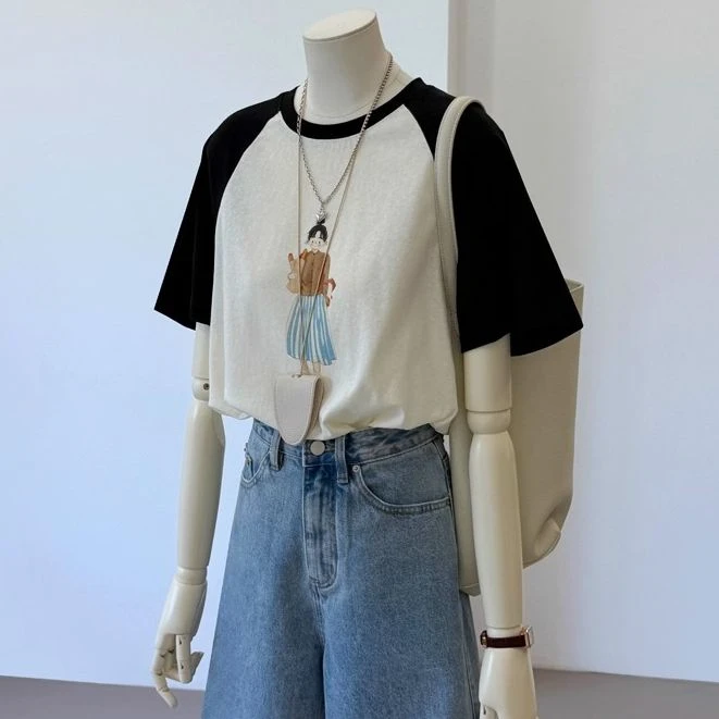 2025夏季新款撞色雪花棉设计面包女孩印花休闲百搭短袖t恤上