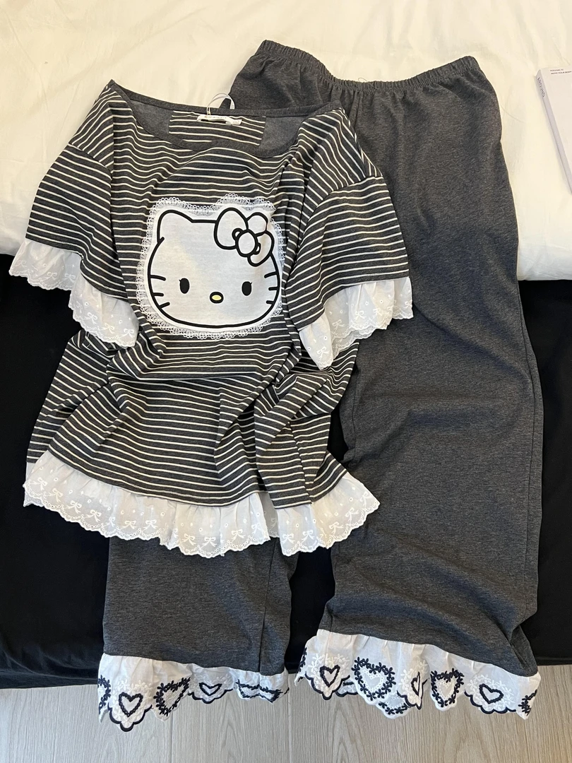 【DMXJ大梦想家】韩系可爱蕾丝边睡衣女夏季款短袖长裤家居服两件套