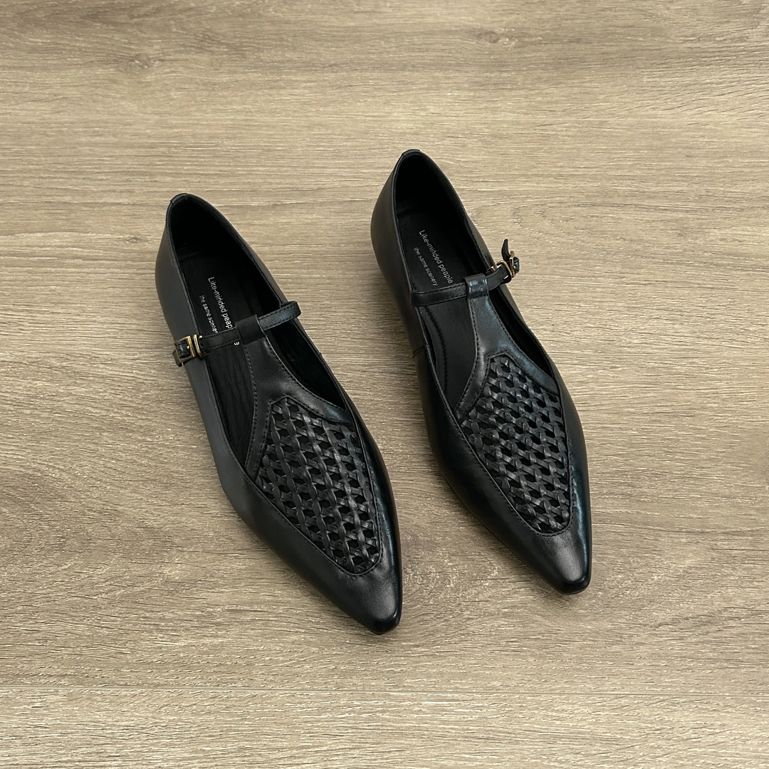 Dannyfrey法式复古头层小牛皮尖头低跟春季新款浅口编织玛丽珍鞋