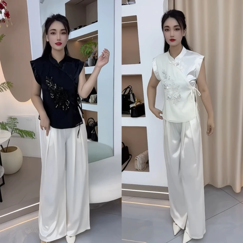 中式国风醋酸材质上衣与裤子搭配套装