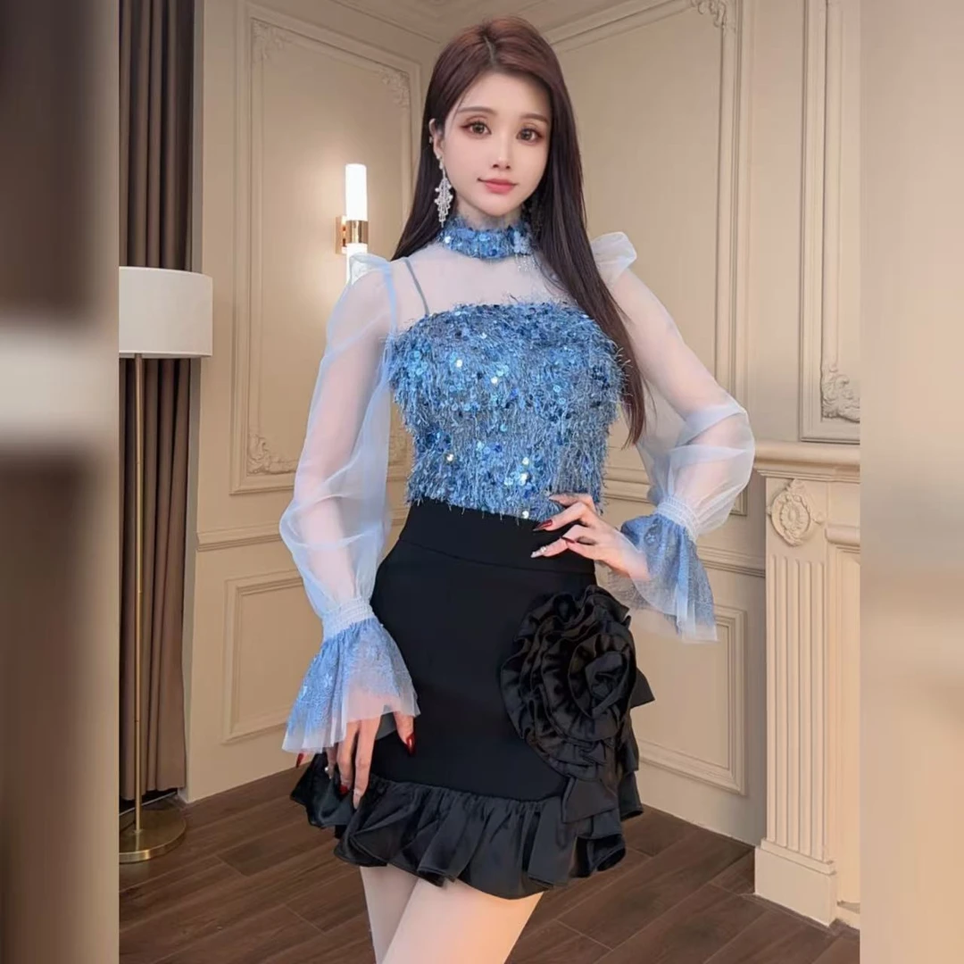 柔娜定制   蕾丝辣妹性感设计感一字肩显瘦名媛上衣91449