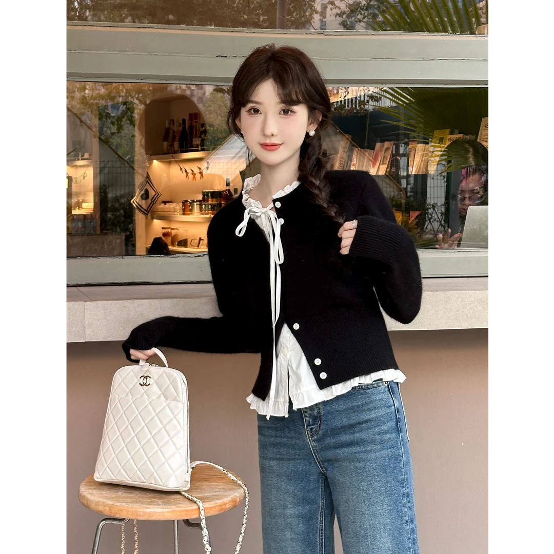 SE【琉璃星】毛衣女秋冬假两件长袖针织木耳边减龄温柔百搭毛衣