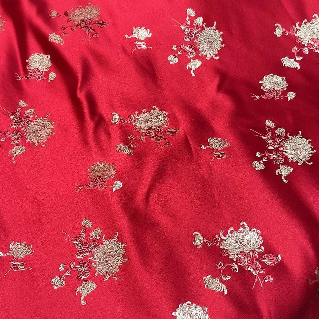 织绣三米六真丝织锦缎 红金花