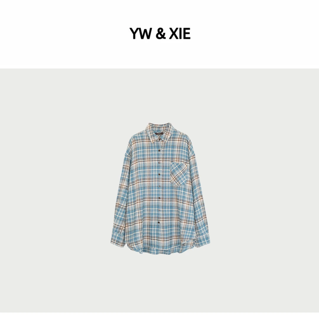 YW&XIE《7300》街头潮牌格子衬衫衬衣秋季长袖翻驳领对襟春季上衣