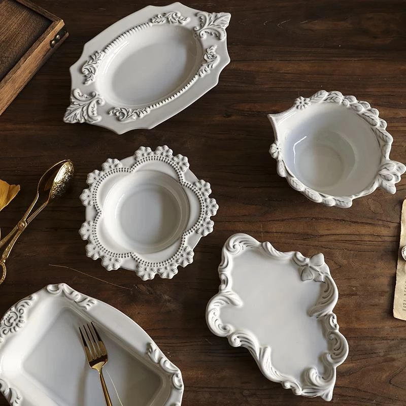 中古风陶瓷餐盘浮雕甜品蛋糕盘家用西餐盘子水果碗复古首饰展示盘
