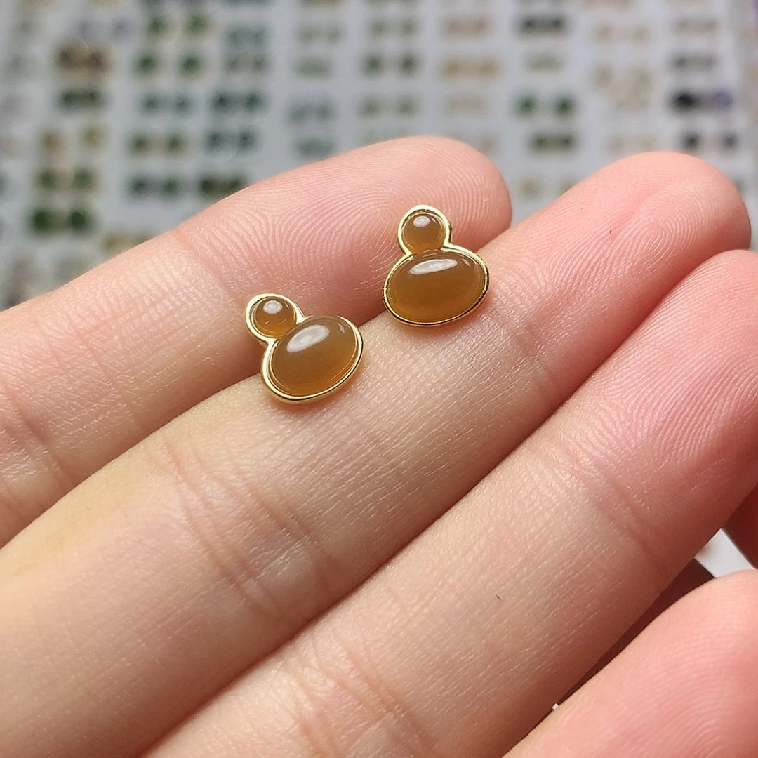 银S925镀金镶嵌和田玉（糖玉）耳饰