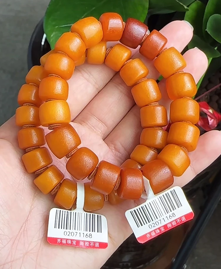 【齐福珠宝】XQ1168/12mm天然琥珀蜜蜡橘皮饼子手串（多样性发其一）