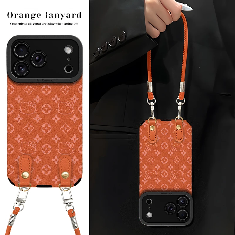 橙底花纹KT猫手机壳适用于苹果17vivo华为oppo瞳眼羊皮网红可爱新