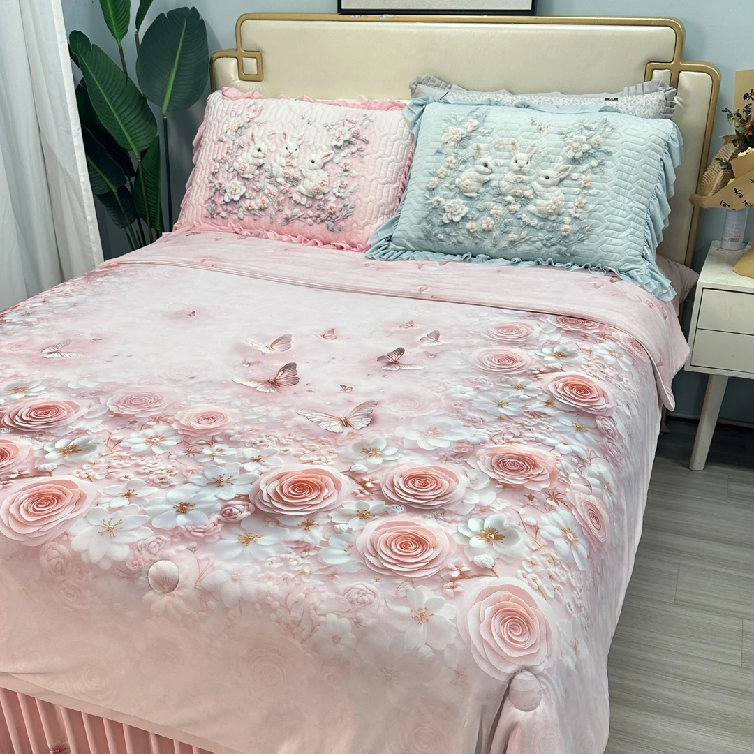 韩韩专属2-夏被空调被四件套凉感被蓝防滑夹棉绗缝卧室凉席三件套