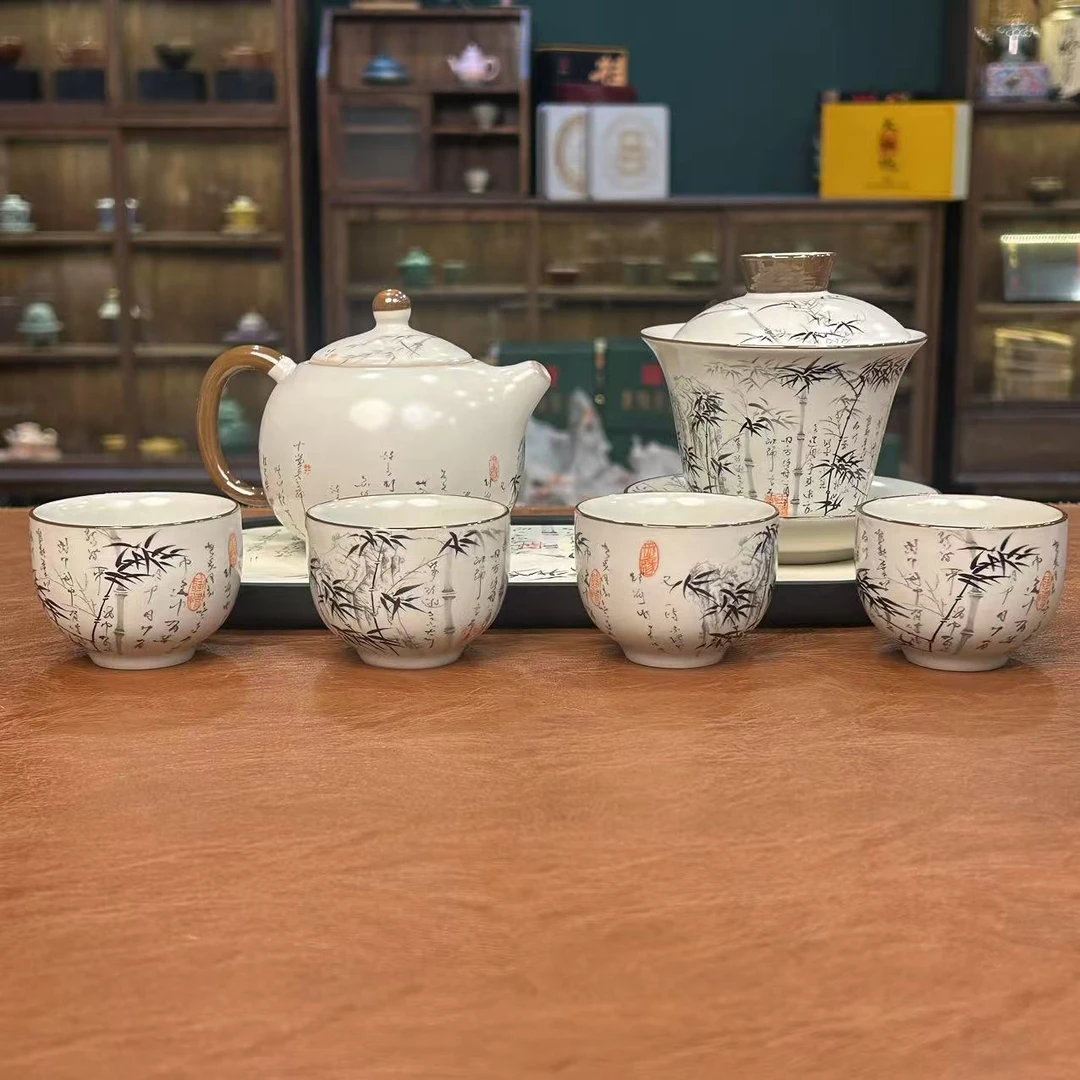 ZH1955-汝窑墨竹盖碗+壶+4杯+茶盘