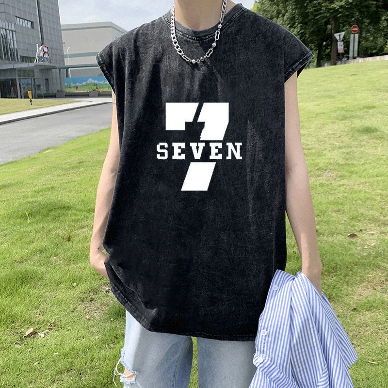 夏季ins休闲水洗青春坎肩无袖t恤高街印花黑色男潮流复古宽松背心