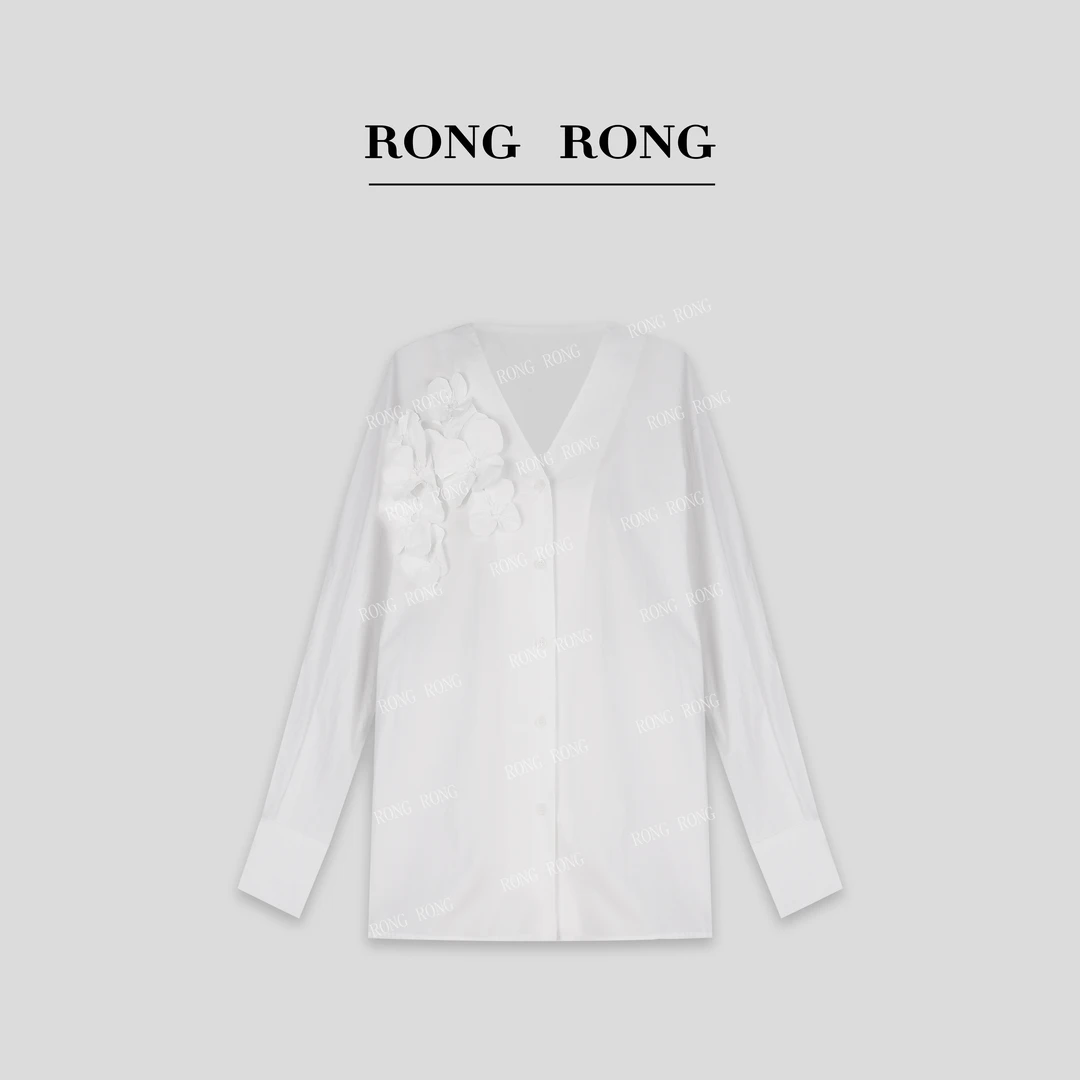 溶溶J【山月墨屿】RONGRONG 莱赛尔棉混纺V领手摇绣花衬衫25C6635