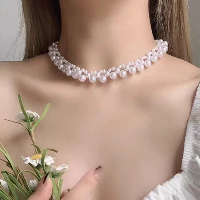 极光白三层编织大小珠项链个性优雅颈链女
