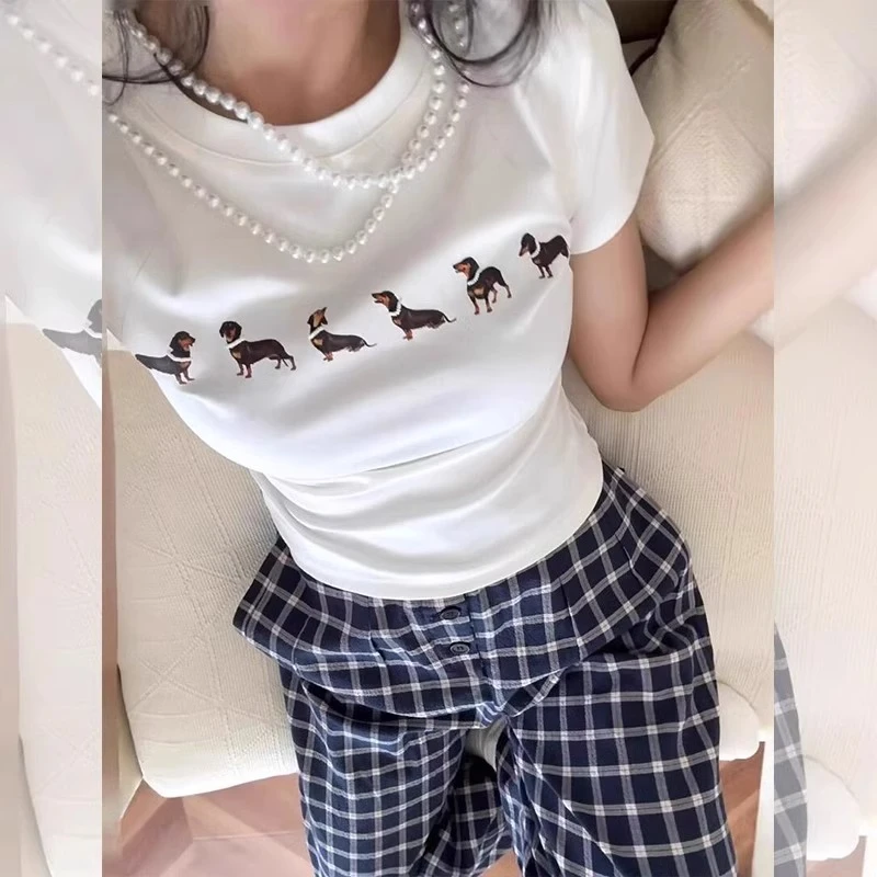 韩系chic正肩短款卡通小狗印花简约短袖T恤小个子修身显瘦上衣女