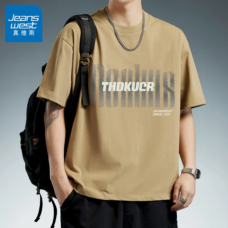 Jeanswest/真维斯夏季男士t恤纯棉短袖薄款宽松百搭圆领男装上衣