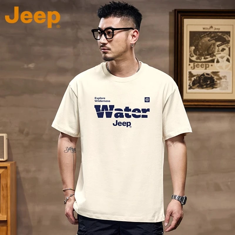 JEEP吉普男士重磅纯棉短袖T恤夏季新款宽松印花圆领半袖t恤衫潮牌