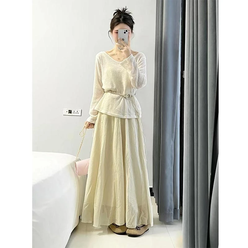 2025春夏新款甜美风气质宽松长袖高腰长裙两件套女高级感时尚套装