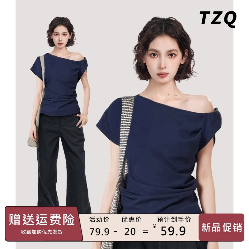 斜肩露肩短t恤袖女夏季2025新款一字肩不规则飞袖上衣TZQ2552306