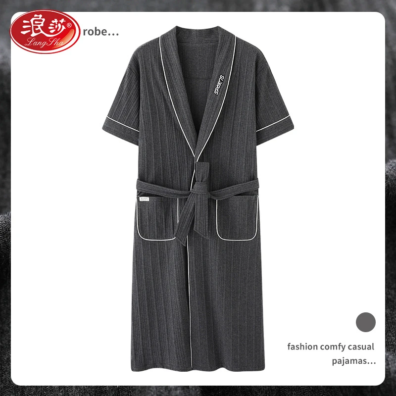 浪莎加肥加大码夏季男士睡袍纯棉短袖男款肥佬简约休闲中长款胖子