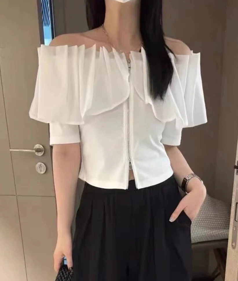 WTT-66679 欧货夏季洋气法式显瘦百搭纯色上衣一字肩荷叶边衬衫女