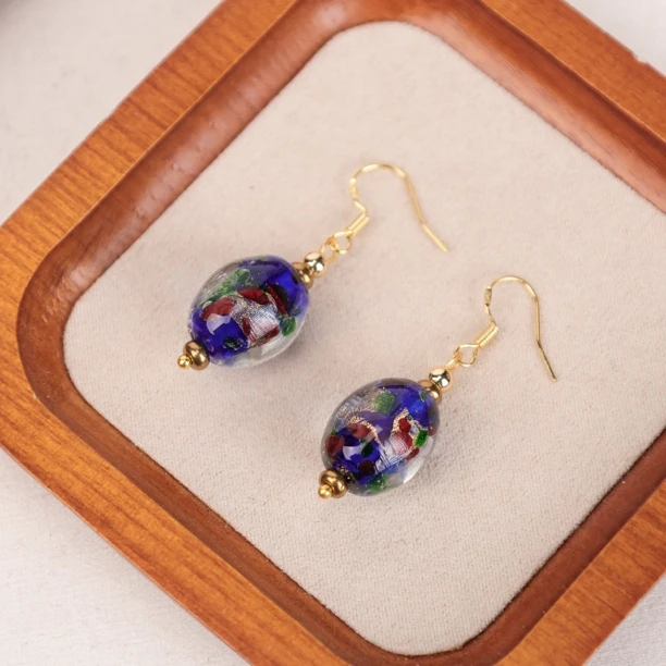 合金耳饰 LZ2706-2蓝色彩色金箔椭圆台湾老师琉璃耳环