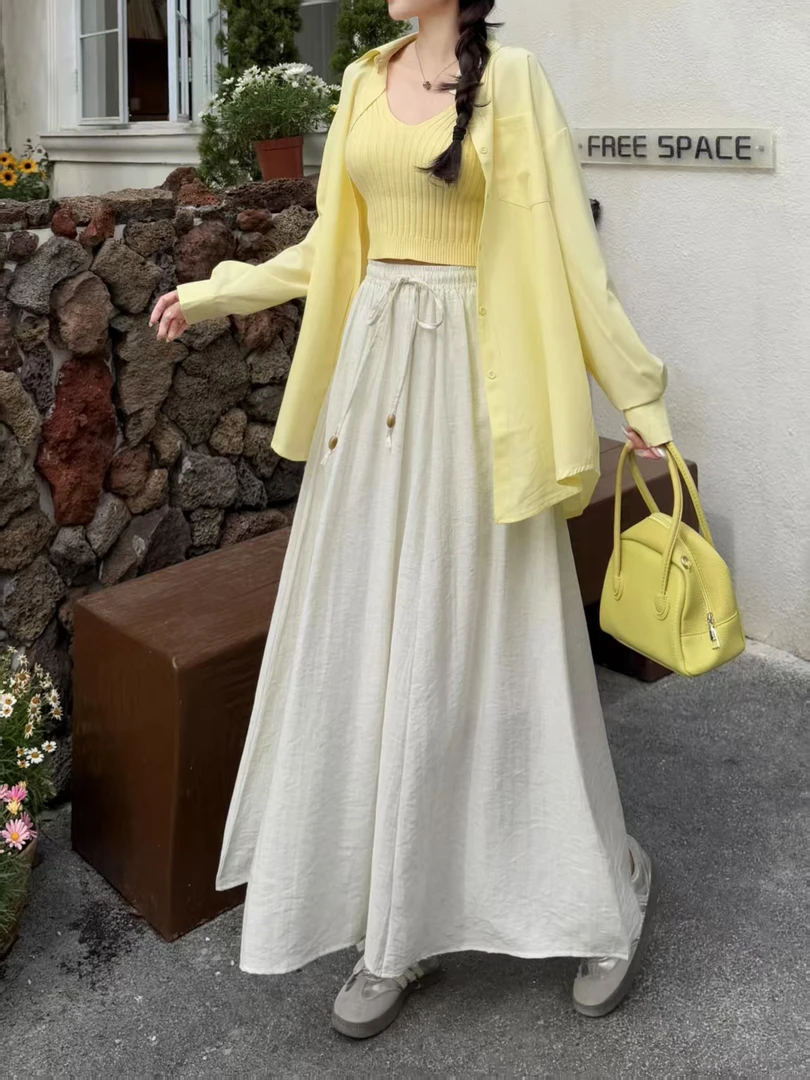 简约白色黑色森系气质百搭棉麻双层春夏季半身裙8151-1 裙长90