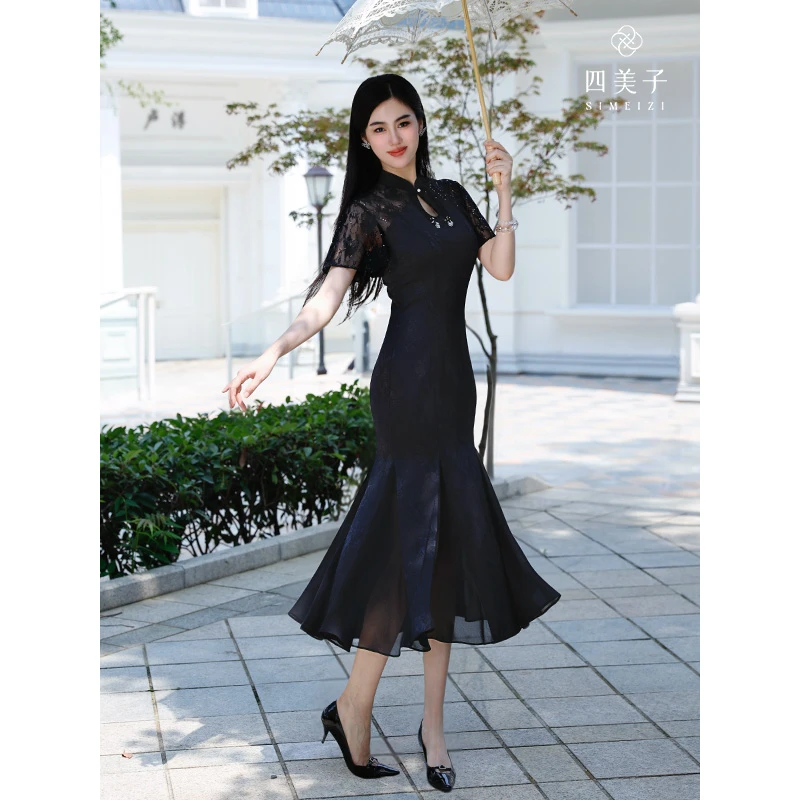 四美子【星曳澜】新中式气质提花缎面蕾丝拼接黑色鱼尾旗袍裙连衣裙