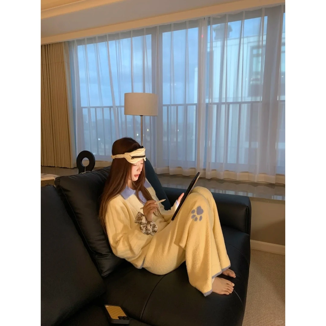 2025新款可爱卡通印花保暖睡衣女冬半边绒拼接酷喵物语套装可外穿