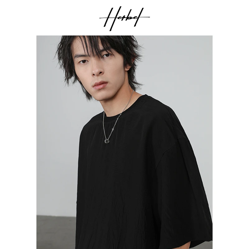 HERBEL/黑白2025夏季男士短袖百搭舒适简约宽松T恤0041