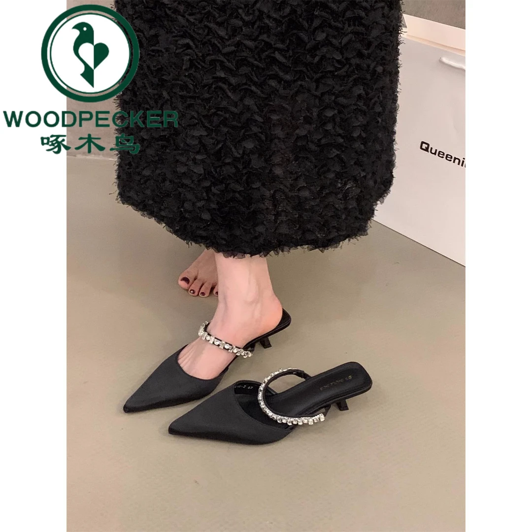 啄木鸟小众高跟鞋包头半拖鞋女外穿2025春夏法式气质水钻半托单鞋