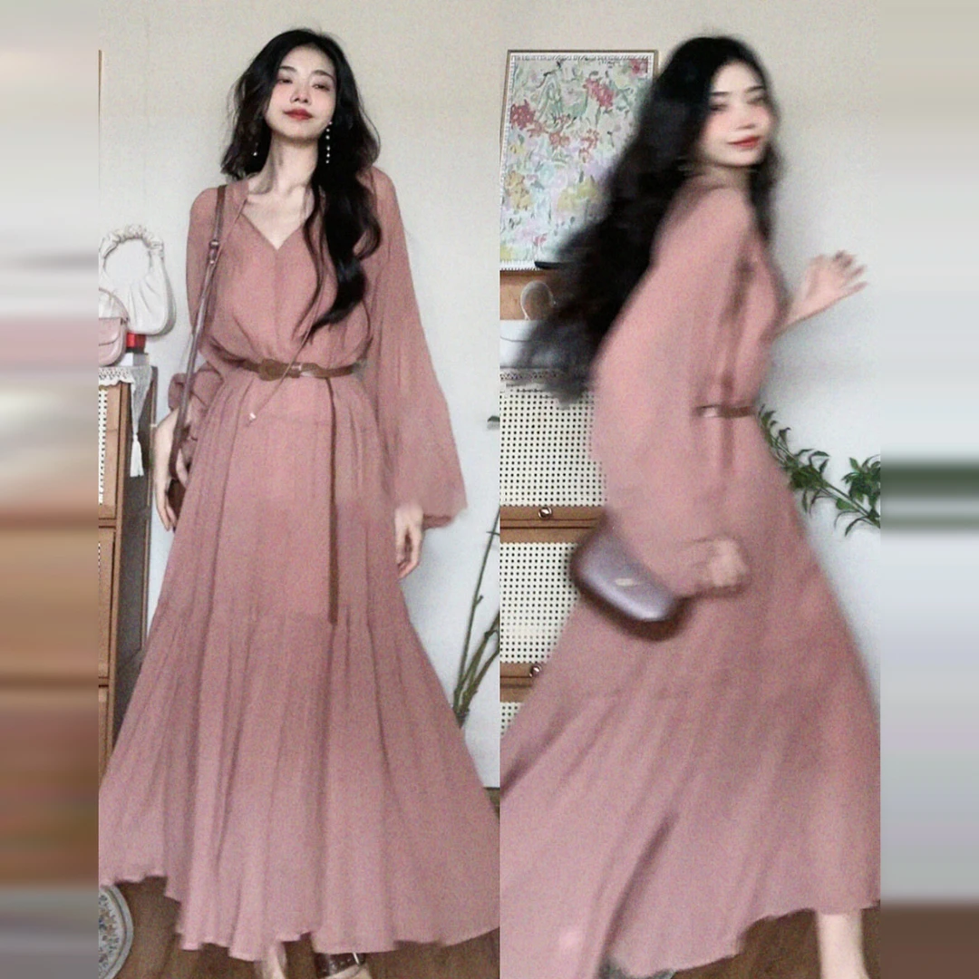 法式气质温柔粉色长袖连衣裙早秋2025新款高级感收腰显瘦长裙7462